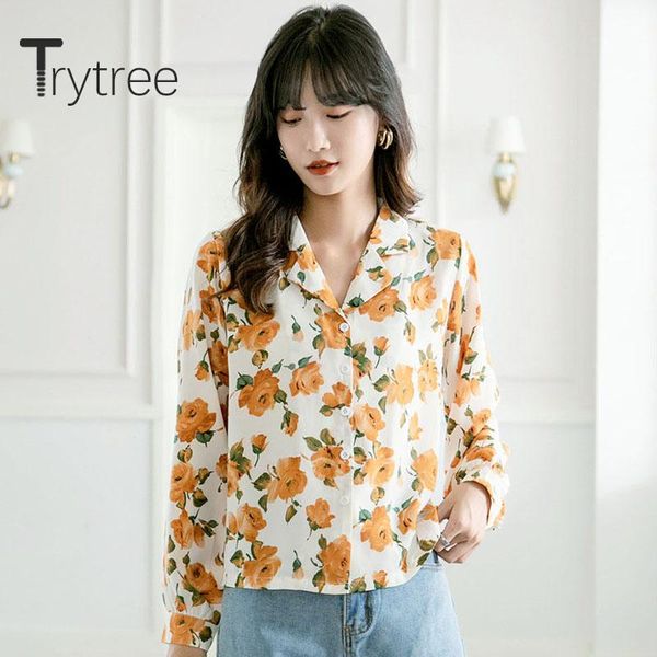 

women's blouses & shirts trytree 2021 summer woman casual blouse turn-down collar single breasted print yellow all-purpose style loose, White