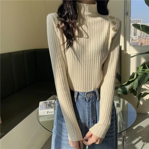 

real s2021 autumn winter new button half high neck sweater for women with slim fit underlay, White;black