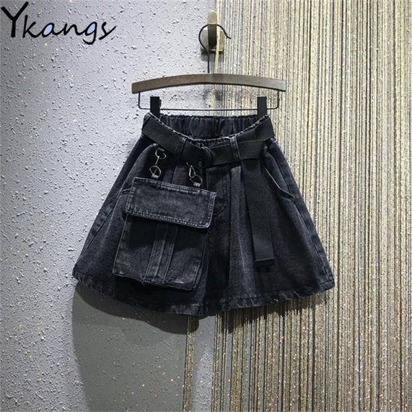

summer elastic high waist with belt casual loose plus size 5xl denim shorts women black jean large pockets boots shorts femme 210306, White;black
