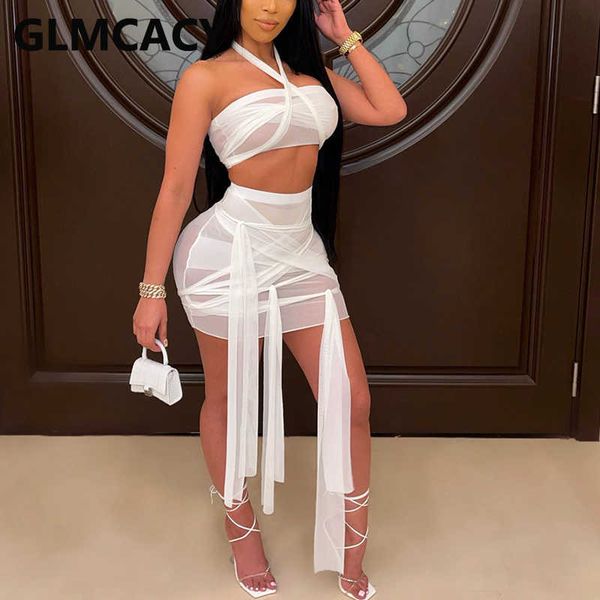 

two piece sets women halter & bodycon skirts & club 210702, White