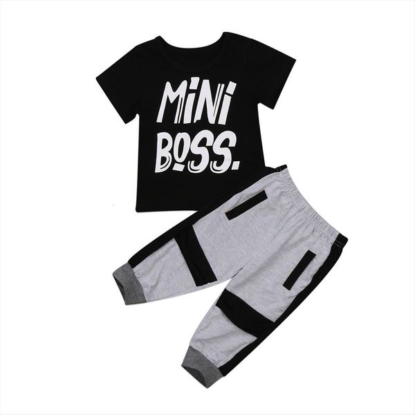

2pcs toddler kids boys short sleeve t shirt pants outfits set clothes mini boss 1 6t, White