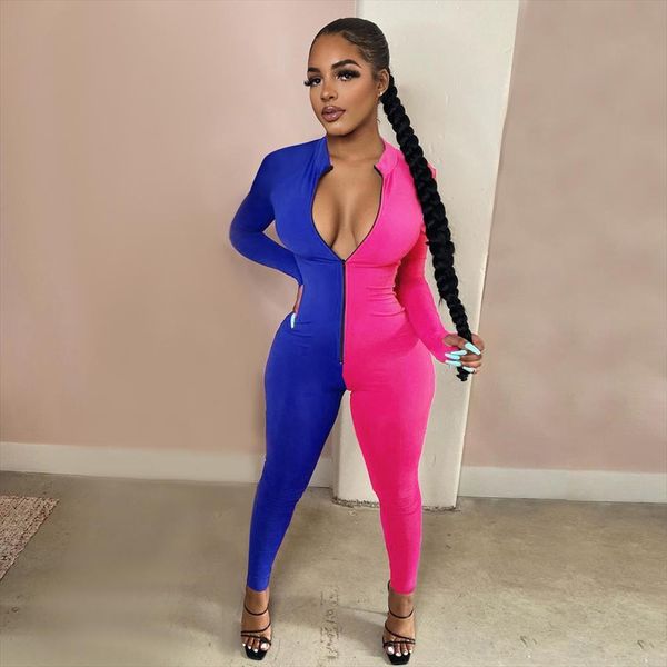 

quality fashion design patchwork women jumpsuit o neck long sleeve bodycon tracksuits outfits, Black;white