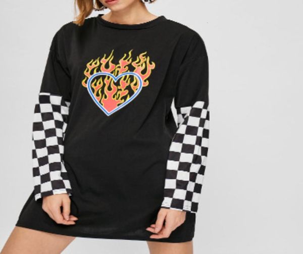 

casual dresses ricorit dress women fashion long sleeve flaming heart pattern round neck pullover hoodie sweatshirt, Black;gray