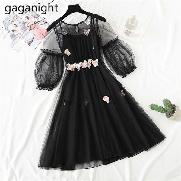 

floral print fairy dresses mesh two-pieces french fashion sweet lace vestidos girls three quarter sleeve hollow out 210601, White