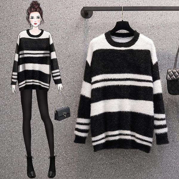 

women's sweaters striped knitted plus large size oversize korean style fashion pullovers for autumn clothing ladies sweater 2021, White;black