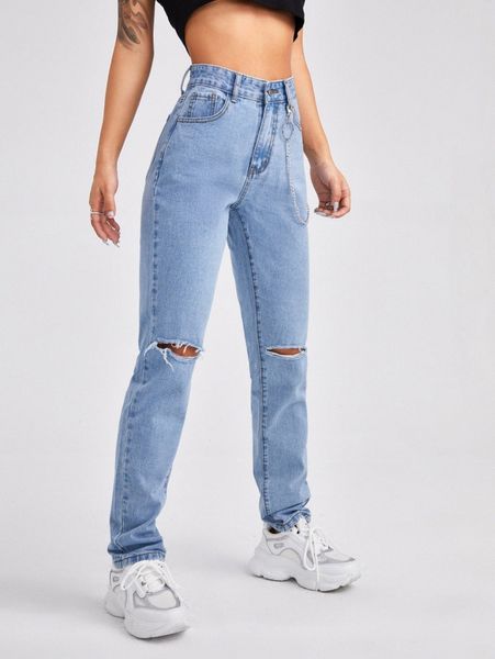 

high waist chain detail ripped straight jeans p8i7#, Blue