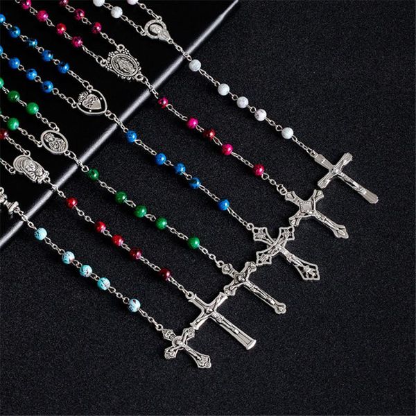 

chains fashion mens female christian cross pendants pink blue red green black color jesus stone pendant necklace jewelry for men/women, Silver