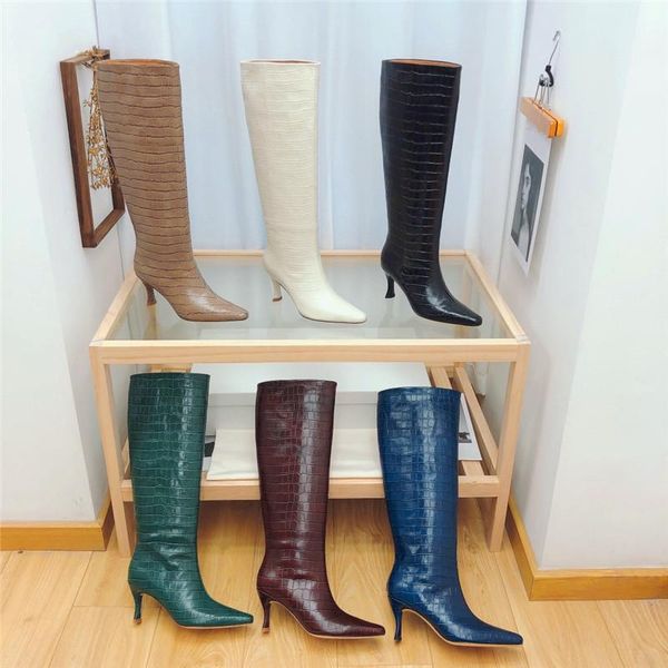 

boots crocodile pattern decorated women's square toe stiletto heels slim high winter fashion party, Black