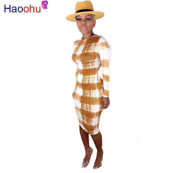 

casual dresses haoohu tie dye dress women vestidos fall winter clothes christmas bodycon elegant knee length long sleeve, Black;gray