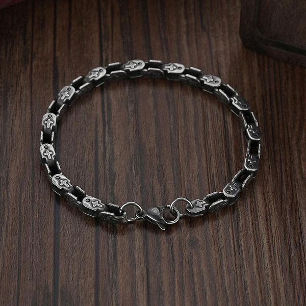 

link, chain stainless steel bracelet men vintage cross hand punk motorcycle accessories man jewelry retro metal charm bracelets gift, Black