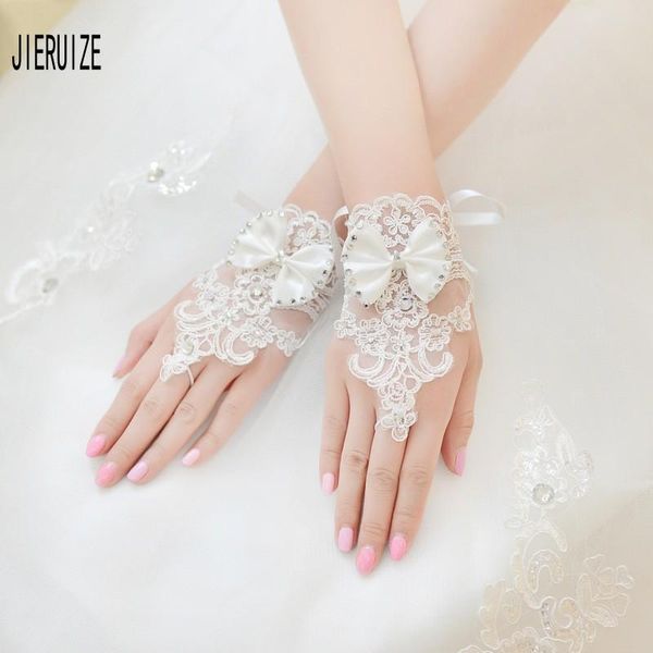 

bridal gloves elegan lace short 2021 with bow beaded wedding white ivory accessories veu de noiva
