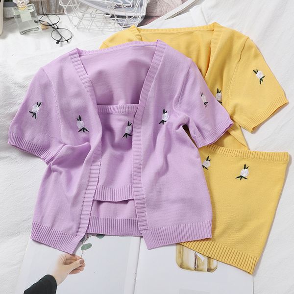 

2021 new women's tube & short sleeve jacket two piece set female embroidery floral crop knitted streetwear outfits 7u1m, White