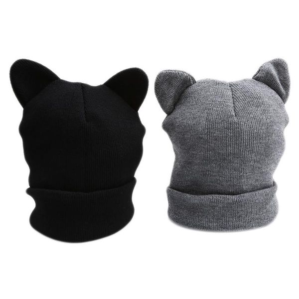 

beanie/skull caps fashion cat ears knitted hat lovely funny winter warm beanie for women wool cap gray black, Blue;gray