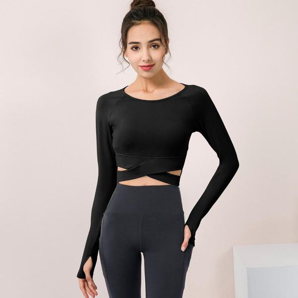 

skin-friendly sports long sleeve yoga shirts with pad breathable hollow crop skinny gym shirt running fitness clothing