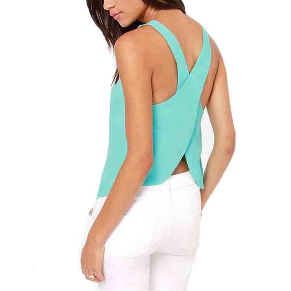 

fashion 2021 new women summer tank sleeveless o neck chiffon candy colors back cross blouse, White