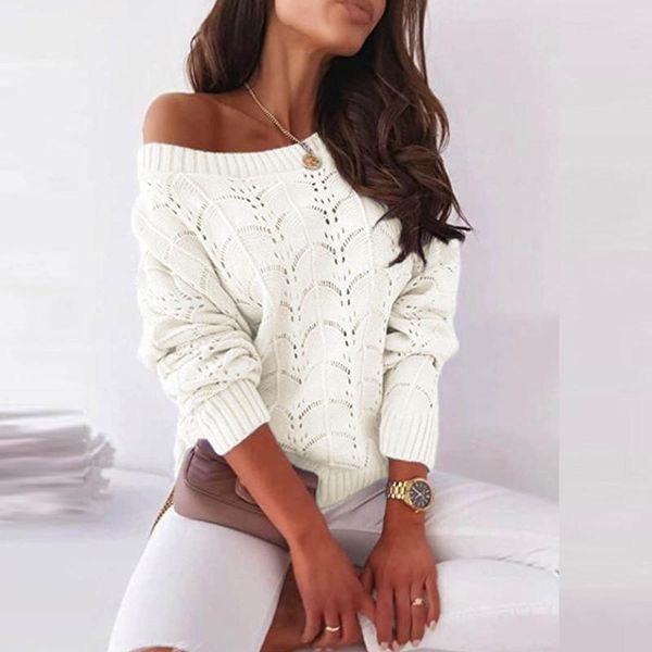 

women's sweaters 2021 womens solid color pullover ladies hollow out striped sweater o neck long sleeve knit clothing roupas femininas, White;black