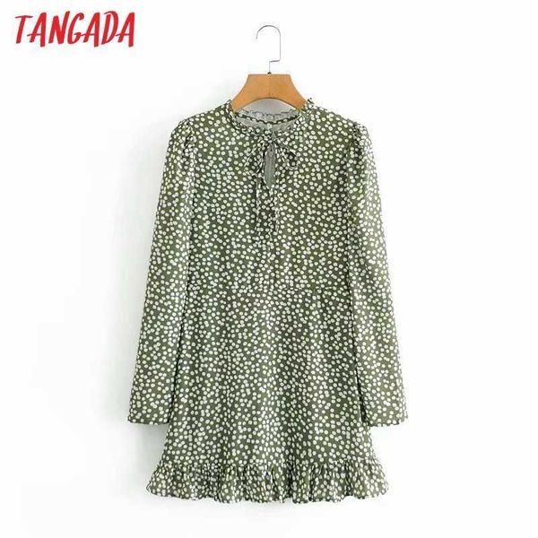 

tangada women green dot print dress spring llong sleeve bow neck females mini dresses vestidos 5d34 210609, Black;gray