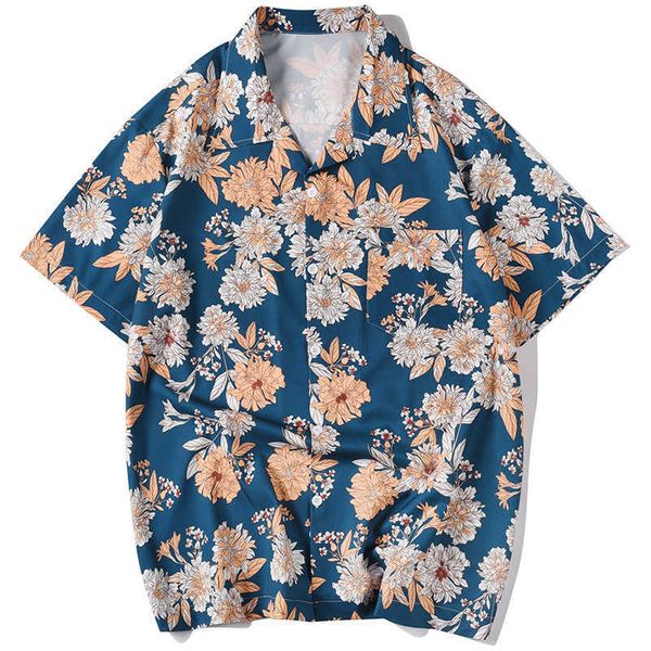 

mens hawaiian shirt vintage blue flowers print harajuku blouse brand loose short sleeve men beach wear clothes 210527, White;black