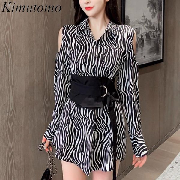 

casual dresses kimutomo women off shoulder dress spring autumn ladies turn-down collar zebra print single breasted with belt shirt vestido, Black;gray