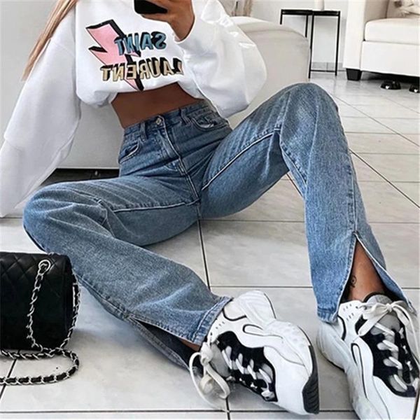 

women's jeans spring 2021 fashion high waist slim loose straight long lady pants floor soft blue vintage female
