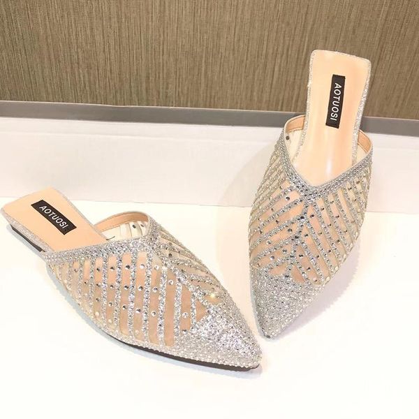 

shoes woman 2021 slippers casual pointed toe low shallow pantofle luxury soft flat new rubber slides basic leisure spring pu, Black