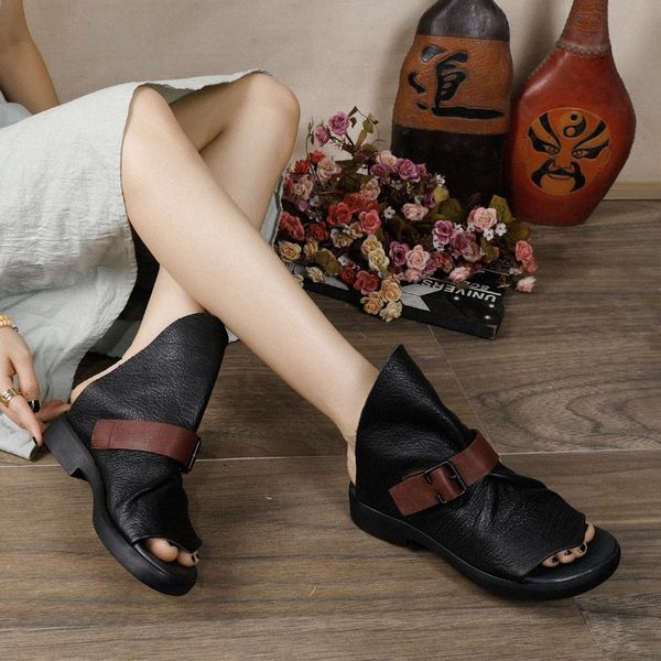 

artdiya summer new womens sandals genuine leather retro fashion slippers simple leisure handmade outside wear sandals buckle s0jt#, Black