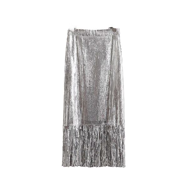 

skirts casual woman sliver sequined tassel straight skirt 2021 spring fashion ladies shiny party female elegant odv1, Black