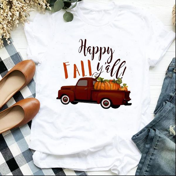

women lady truck pumpkin cartoon fashion fall halloween 90s print tshirt female t tee womens shirt clothes graphic t shirt, White
