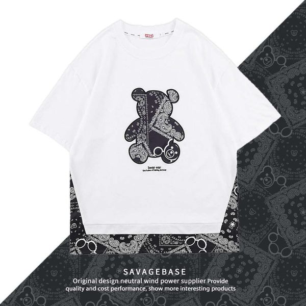 

fake two trendy street men's hiphop short sleeve t-shirt cashew flower bear couple loose american, White