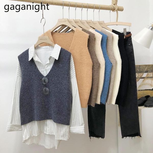 

women's vests gaganight chic solid women winter vest casual loose v-neck knitted 2021 korean sleeveless female sweater tank camis, Black;white