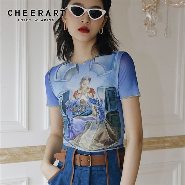 

cheerart mesh crop t shirt graphic tees women summer blue printed tshirt short sleeve tight high fashion designer 210315, White