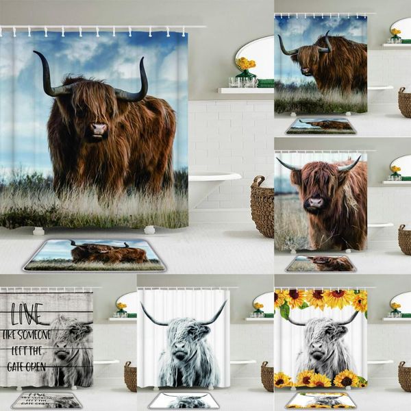 

shower curtains dutch cow waterproof curtain set highland cattle bathroom toilet non-slip mat floor bath rug with hooks