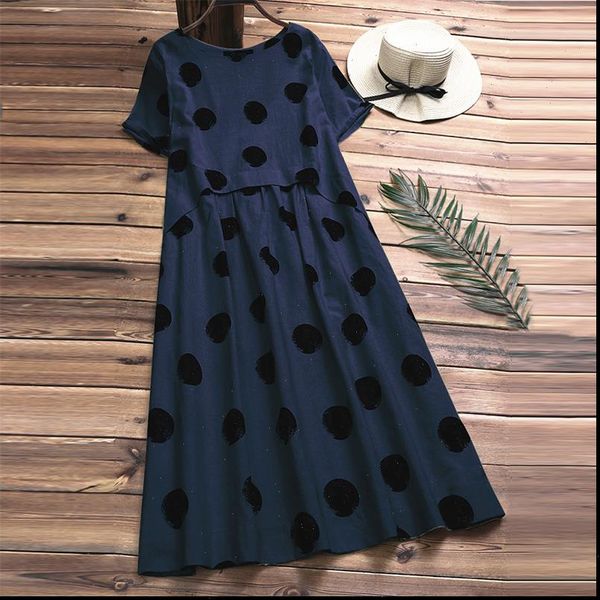 

2021 plus size summer casual women o neck short sleeve cotton linen vintage polka dot loose pleated party long dress vestidos, Black;gray