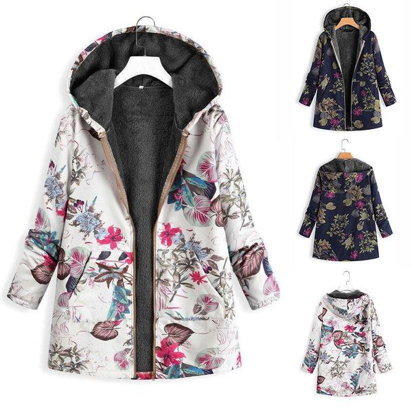 

women's wool & blends vintage autumn winter coats casual warm coat jacket floral print hooded pockets oversize womens, Black