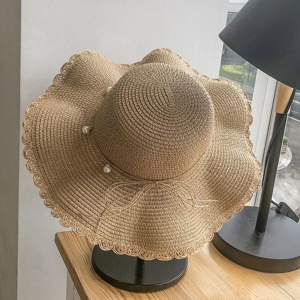 

beanie/skull caps hat female summer small fresh big along the straw korean version of wild pearl leisure sunscreen beach sun tide, Blue;gray