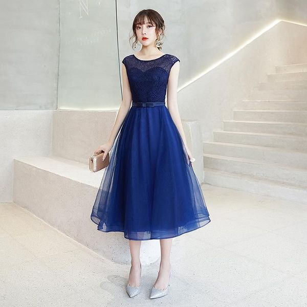 

dark blue women perspective mesh dresses short sleeve lace floral mid-length skirt bridesmaid wedding party gown vestidos, Red