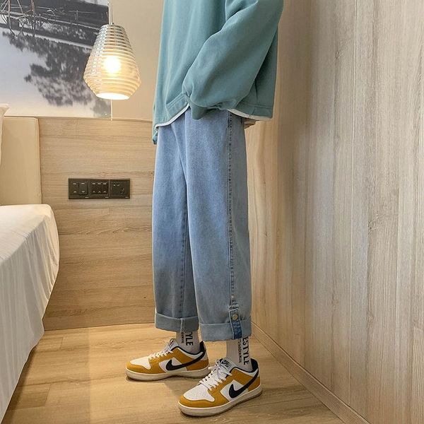 

men's solid color jeans korean casual fashion loose harajuku streetwear straight leg pants wide leg pants ankle-length, Blue