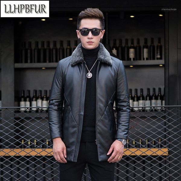 

men's leather & faux brand's autumn/ winter real sheepskin jacket is long and lined with wool large lapels removable ,black keep w