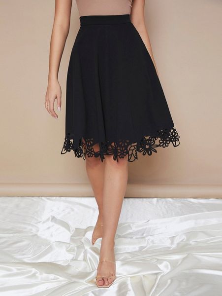 

zipper side laser cut hem skirt q5su#, Black