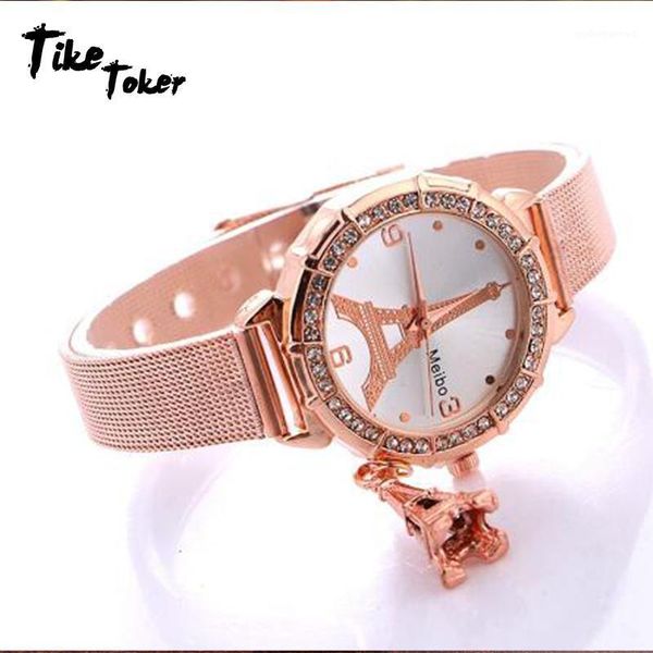 

wristwatches tike toker, listing fashion rose gold mesh belt from france eiffel tower ladies watch stainless steel pendant reloj de, Slivery;brown