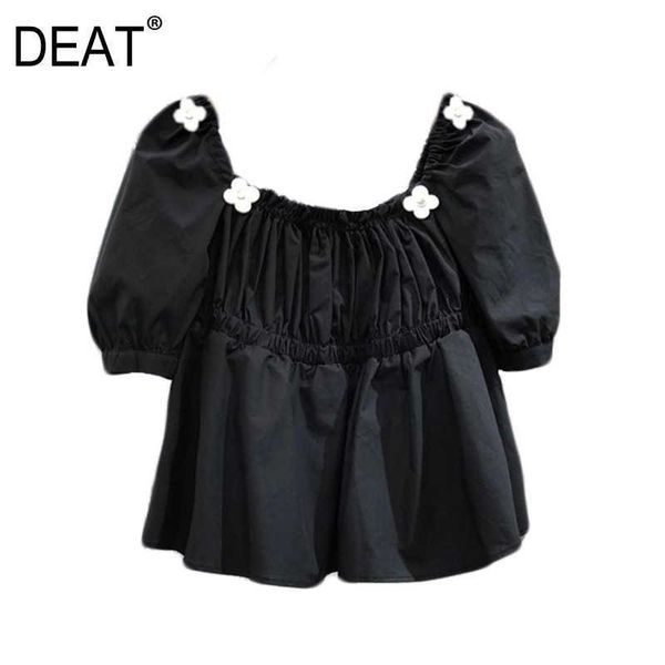 

[deat] summer fashion solid color square collar puff sleeve flower folds loose elegant women shirt 13c758 210527, White
