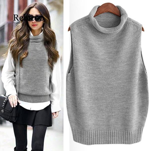

women's vests 2021 high-neck wool knit vest women wild sleeveless sweater solid color outside, Black;white