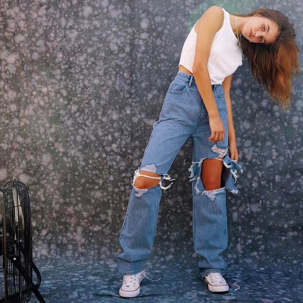 

women's jeans ripped distressed high waist straight fashion lady streetwear trousers plus size denim pants, Blue