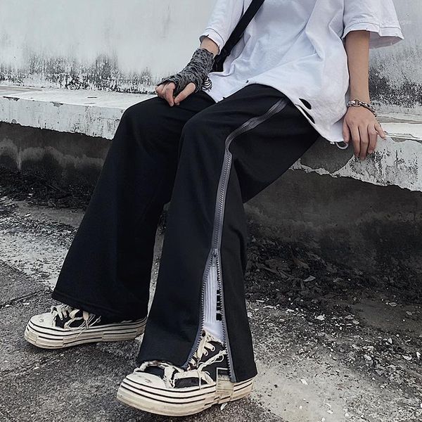 

men's pants ins trend summer solid zipper split casual wide leg, Black