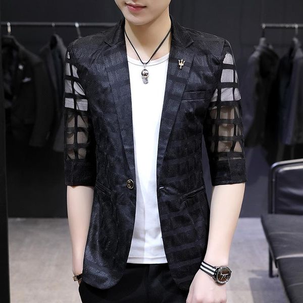 

blazer hombre casual see through blazer half sleeve lattice masculino slim fit thin suit jacket men prom blazers for men, White;black