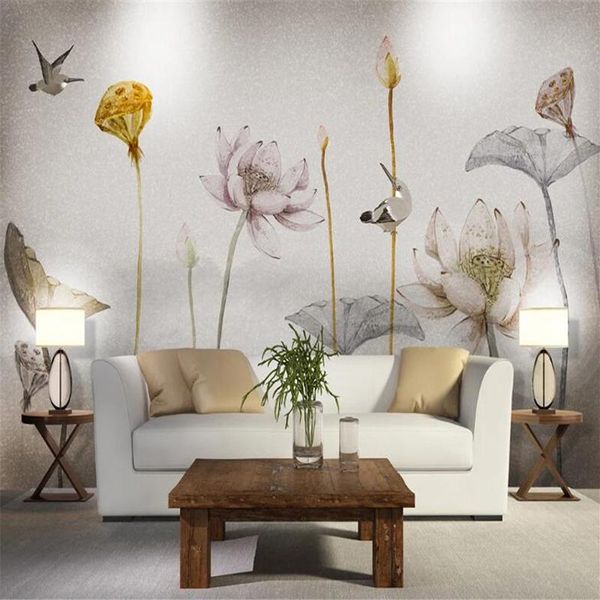 

custom mural wallpaper chinese style hand painted ink lotus wall painting bedroom study living room tv background wall covering