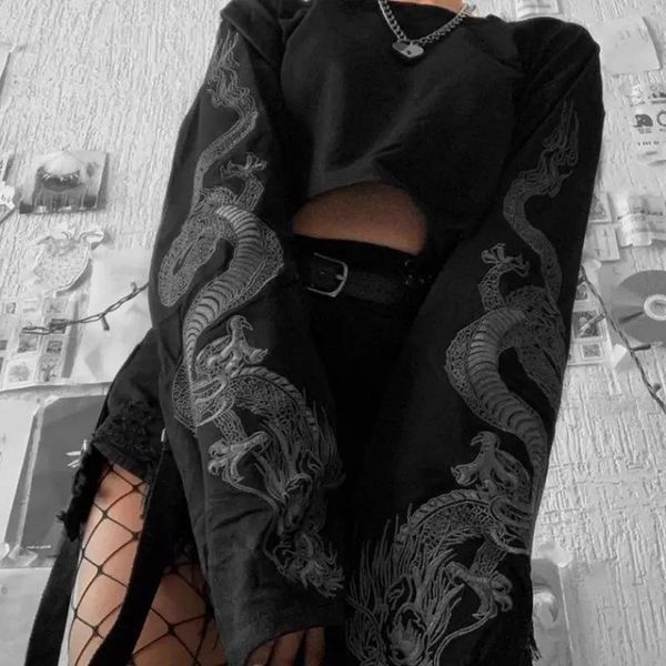 

women's t-shirt women y2k crop vintage backless dragon printed tshirt clothes street style long sleeve pure cotton bar loose, White