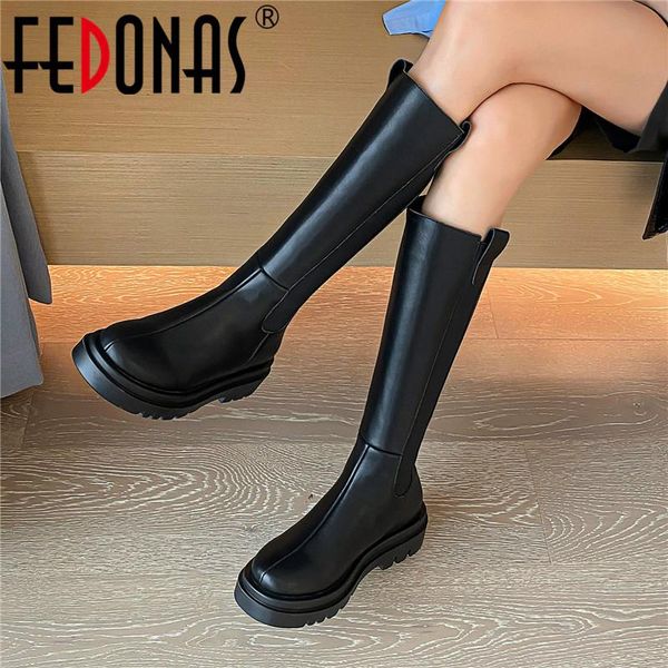 

boots fedonas round toe women knee high genuine leather chunky heels pumps for winter basic casual, Black