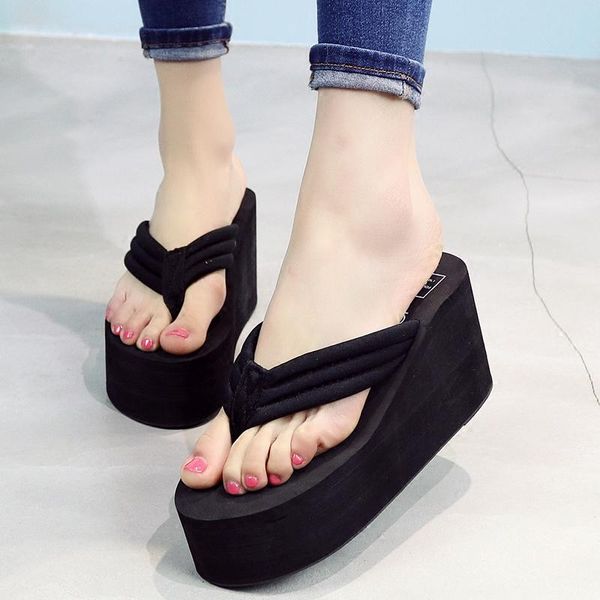 

slippers flower flip flop women platform sandal wedges 9cm heels mules shoes flops chinelao chancletas mujer, Black