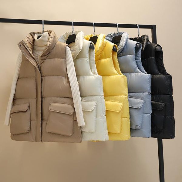

women's down & parkas short glossy parka vest thick warm winter jacket women casual sleeveless solid color stand collar coat female jac, Black